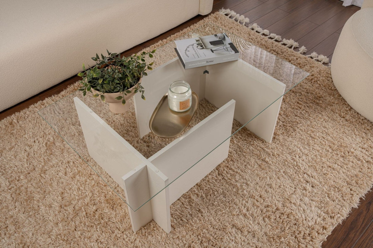 Rektangulært Moderne Sofabord Vetroni Hvid Træ Look - Glas - 105x65 cm 