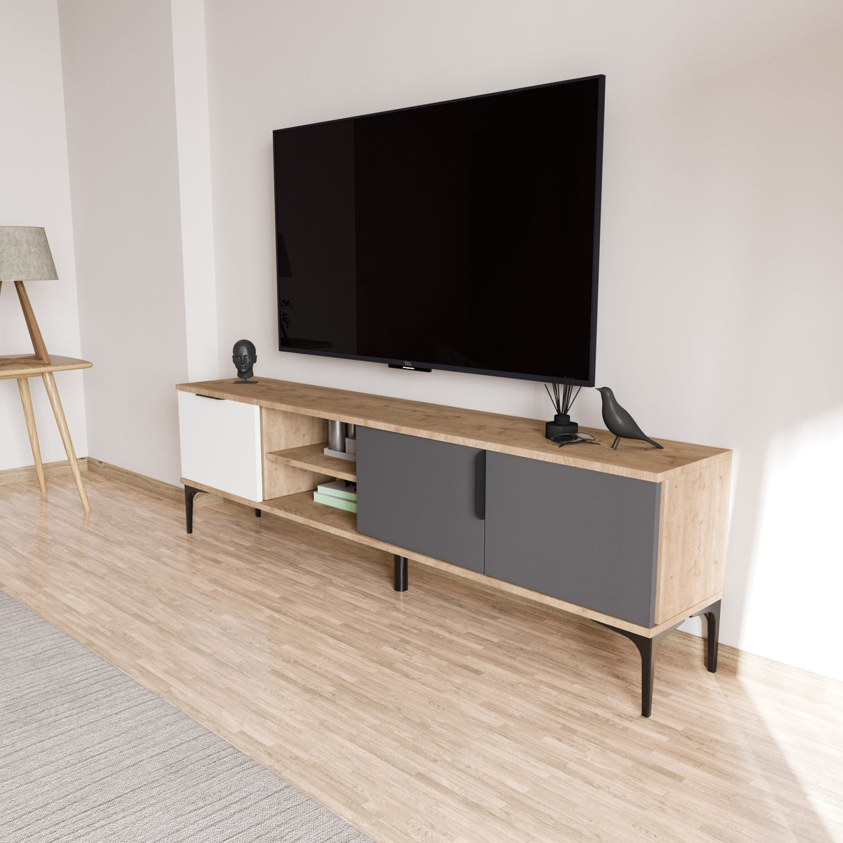 Tarz tv-meubel met open vakken 180 cm Wit, antraciet en eikenlook Melamine gecoat houtcomposiet