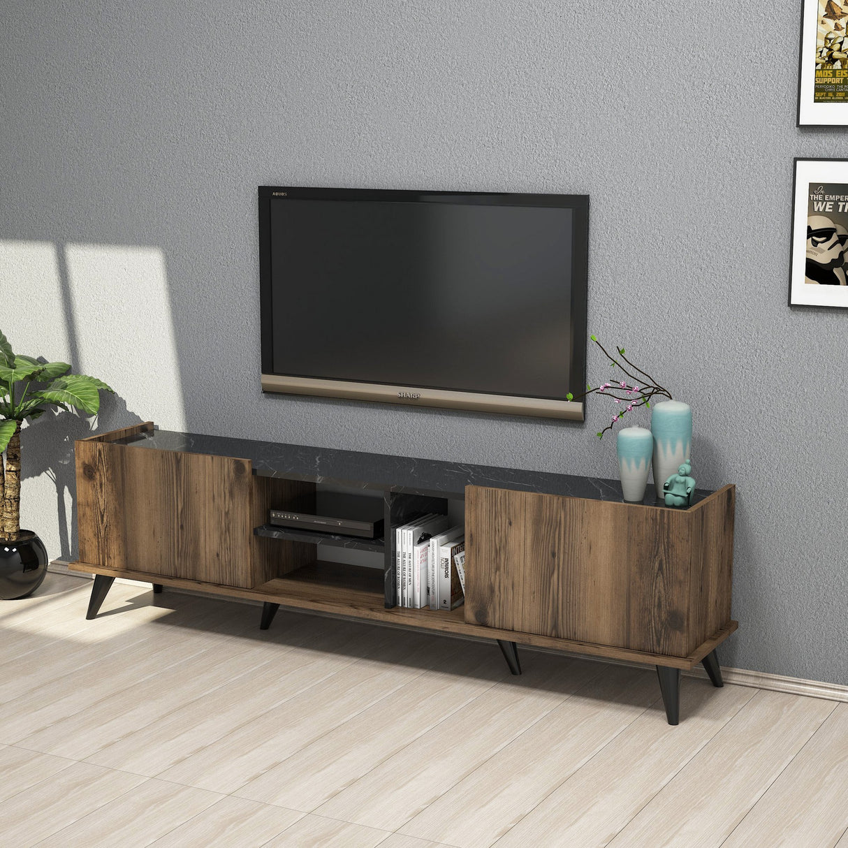TV Møbel Elegant Valnød Sort Melamin 180x52x34 cm