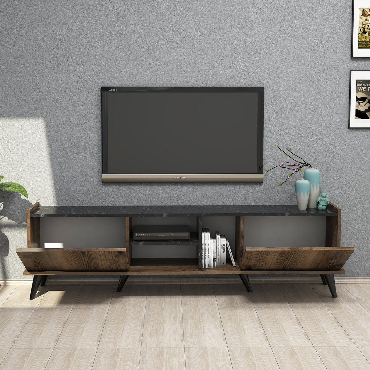 TV Møbel Elegant Valnød Sort Melamin 180x52x34 cm