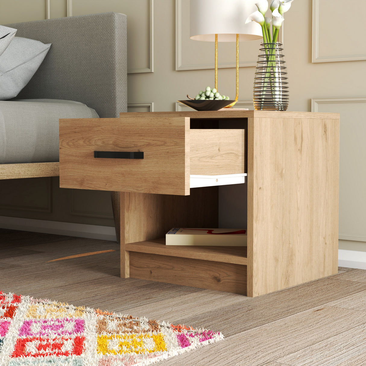 Nachtkastjes - Nachtkastje Grande Eik Melamine 52x46,8x45 cm - Dimehouse