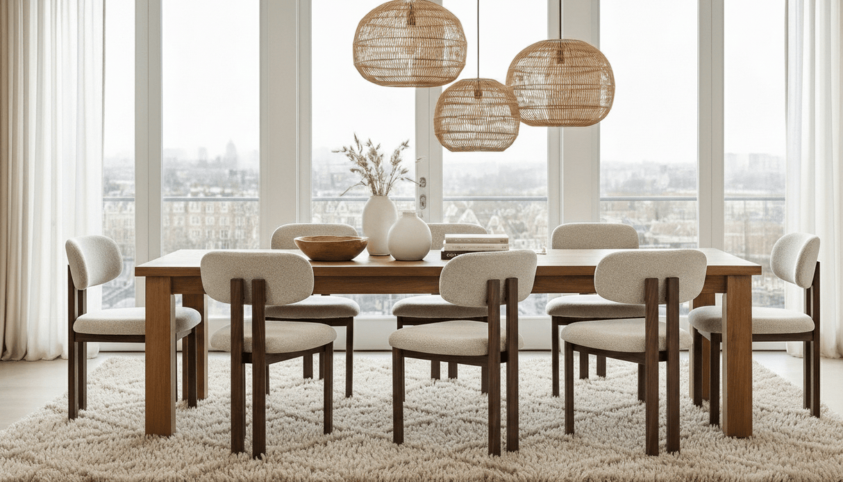 Japandi Spisestol Miyo Bouclé Sandfarvet - Valnødlook Ramme 