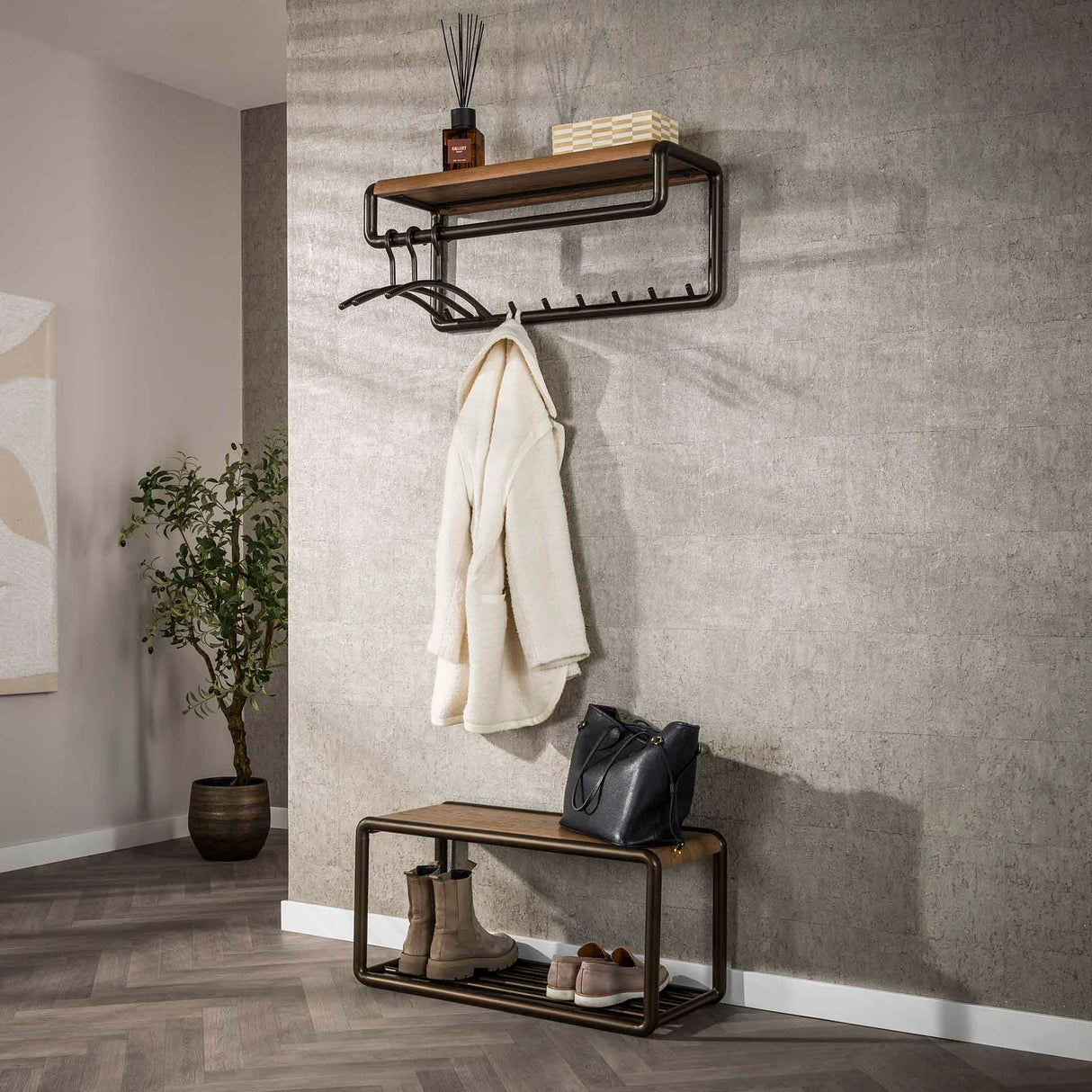 Kapstok Arlo stang og huehylde 8 kroge Drift brun 