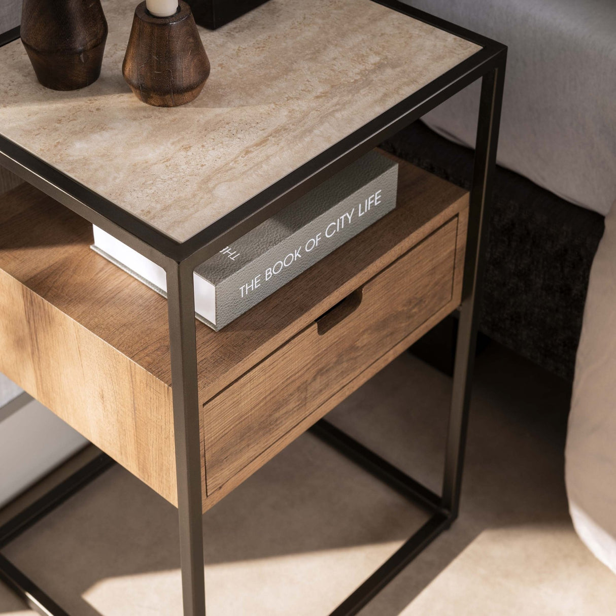 Nachtkastje Cassi 1 lade Keramiek travertin 40x35x60 cm