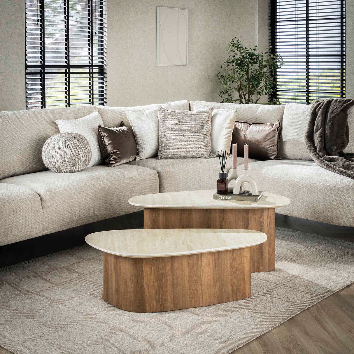Salontafel sæt Trias – Sæt med 2, Trekantet, Travertin Look 