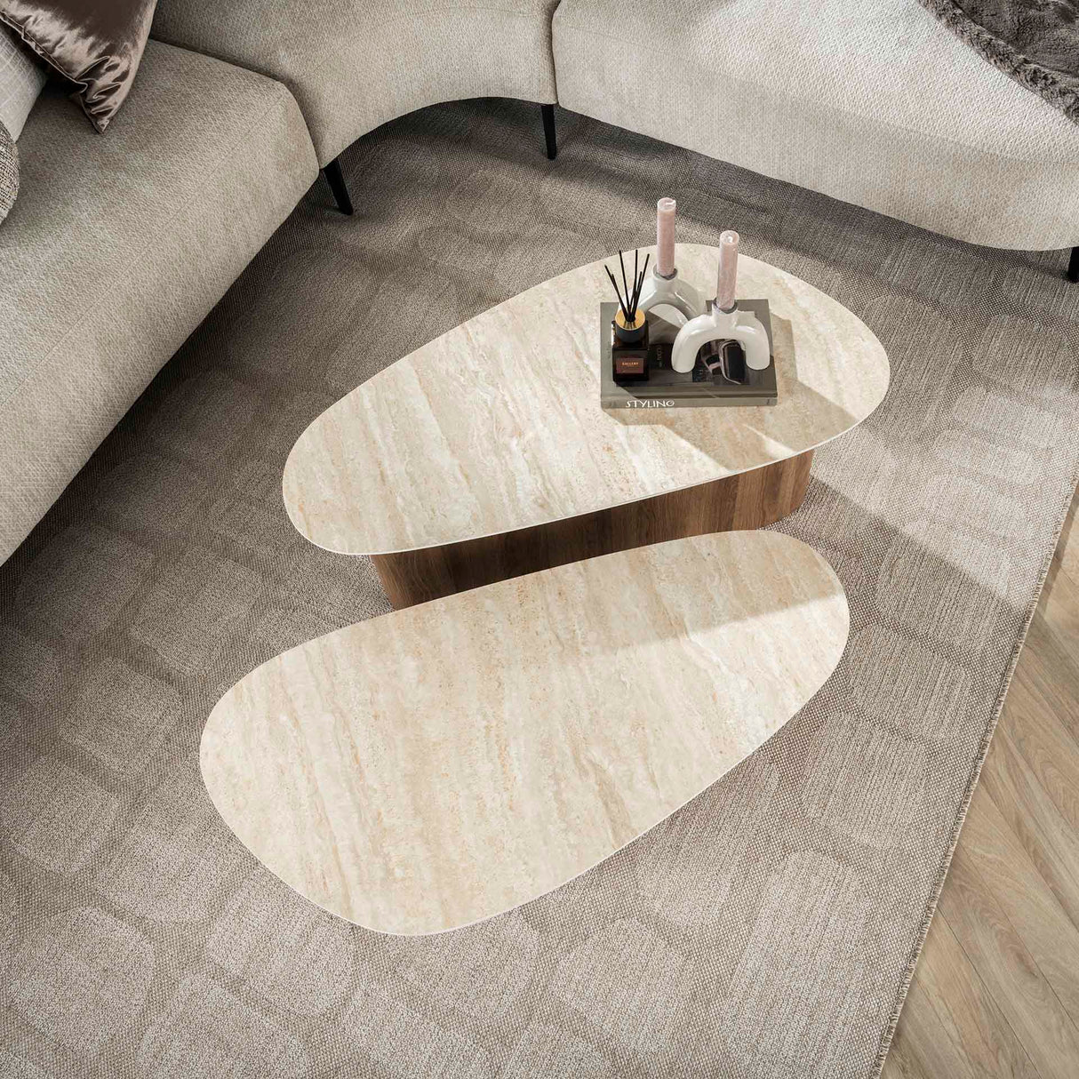 Salontafel sæt Trias – Sæt med 2, Trekantet, Travertin Look 