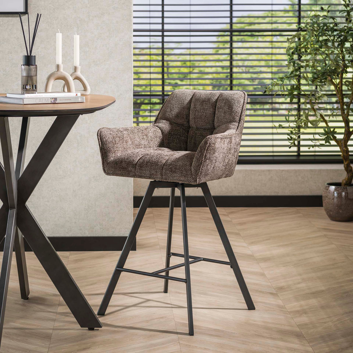 Set van 2 Barkrukken Lino Chenille Stof Rich Taupe Draaibaar