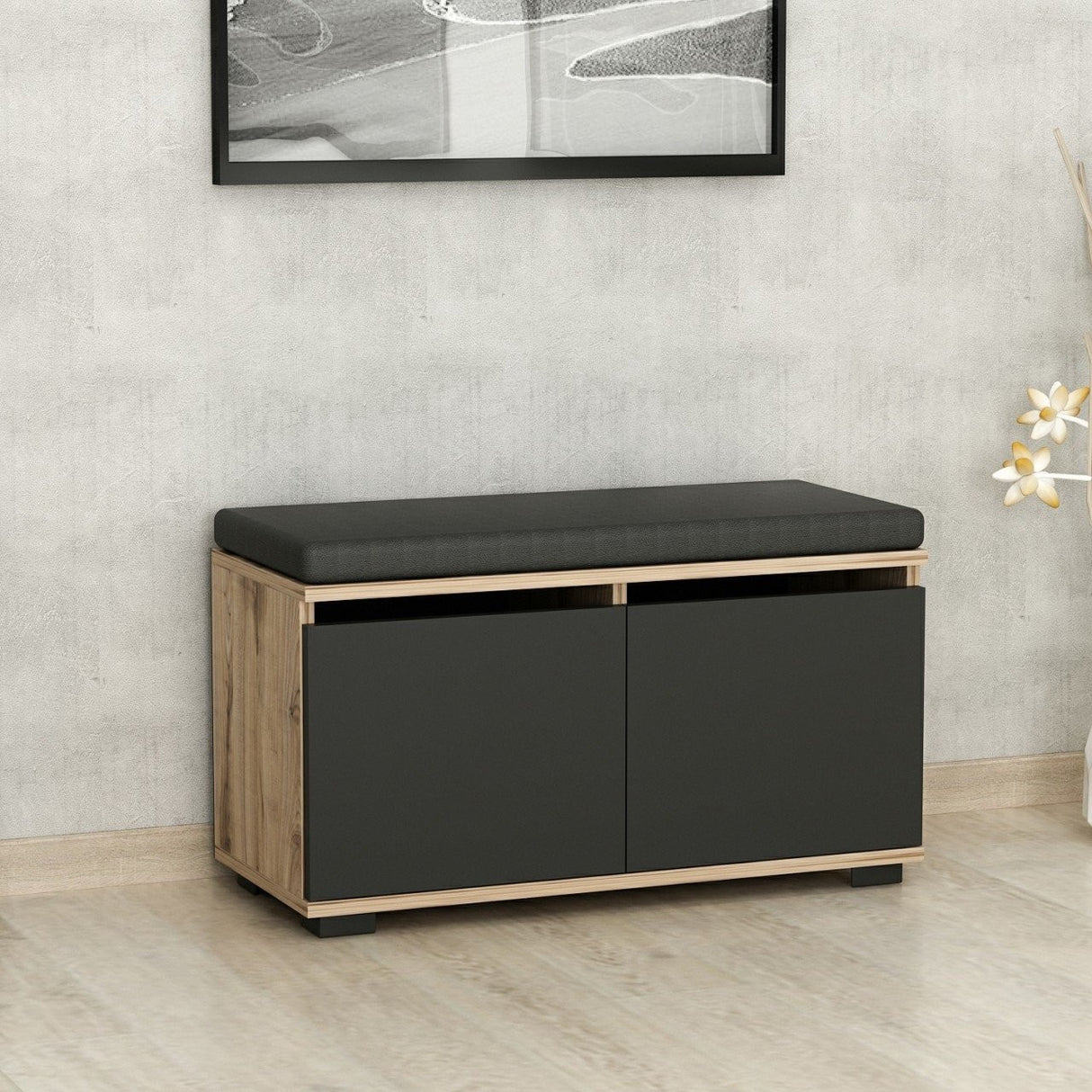 Schoenenkasten - Schoenenkast Drago Walnoot Zwart Melamine 80x42x35 cm - Dimehouse