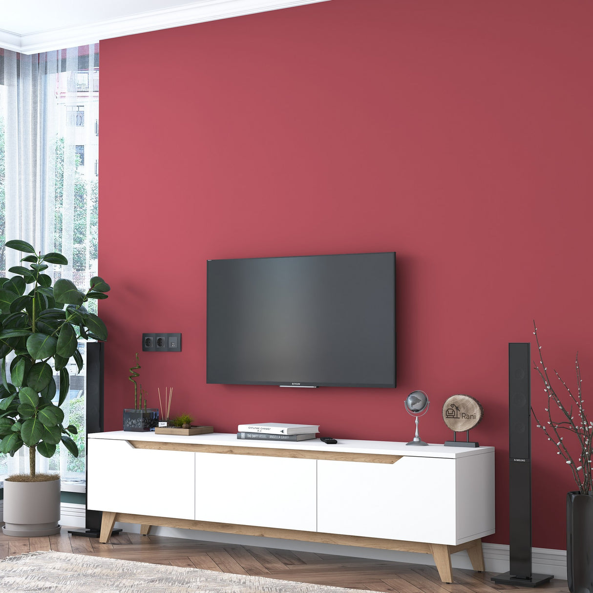 TV Meubels - TV Meubel Osiris Wit Licht Walnoot Melamine 180x48,6x35 cm - Dimehouse