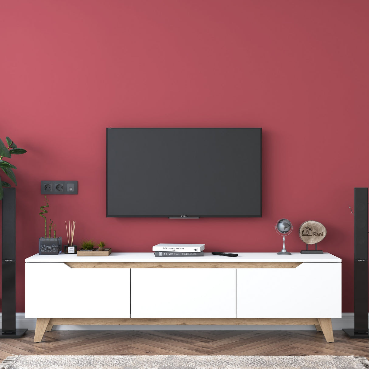 TV Meubels - TV Meubel Osiris Wit Licht Walnoot Melamine 180x48,6x35 cm - Dimehouse