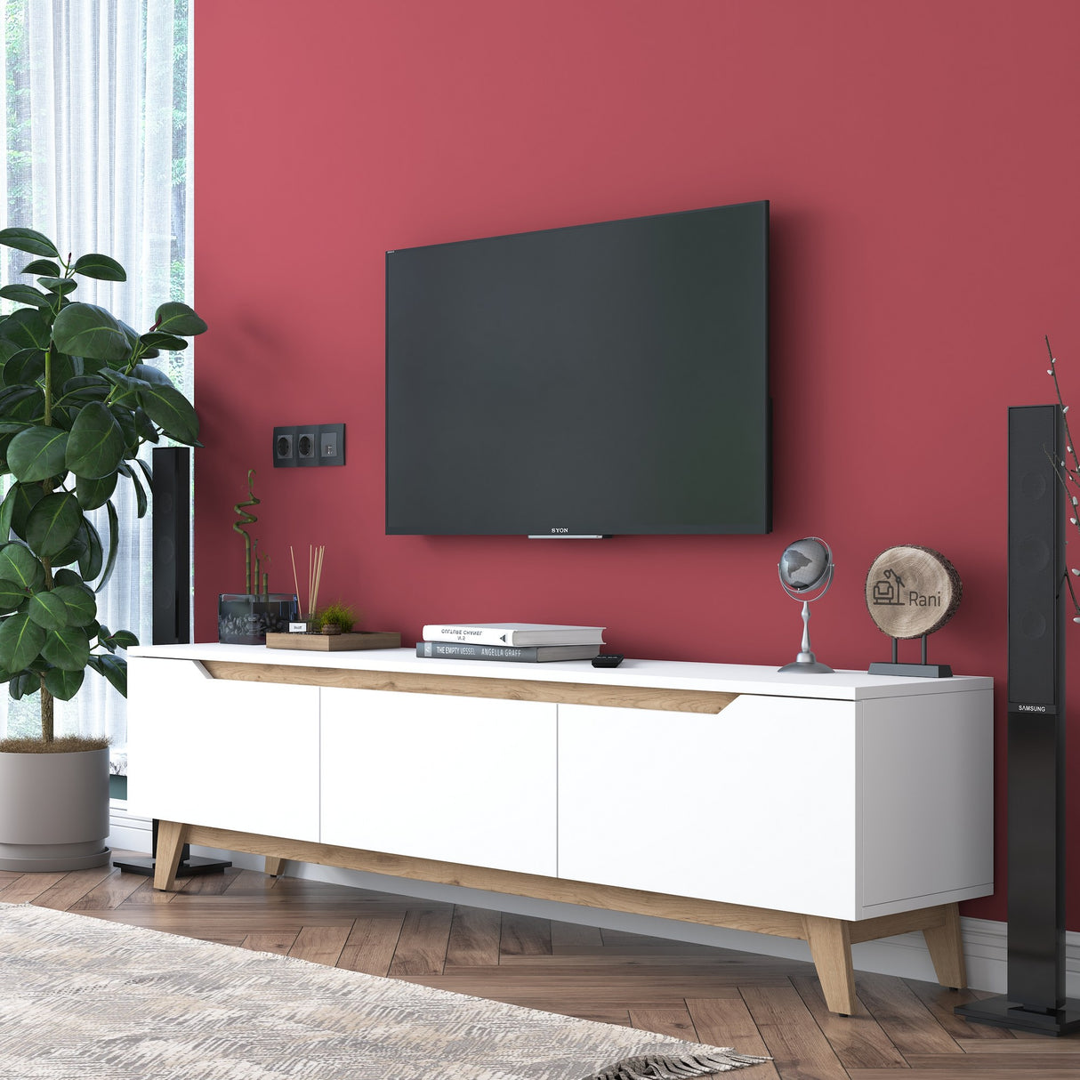 TV Meubels - TV Meubel Osiris Wit Licht Walnoot Melamine 180x48,6x35 cm - Dimehouse