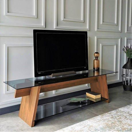 TV Meubels - TV Meubel Coral Walnoot Zwart Glas 158x45x40 cm - Dimehouse