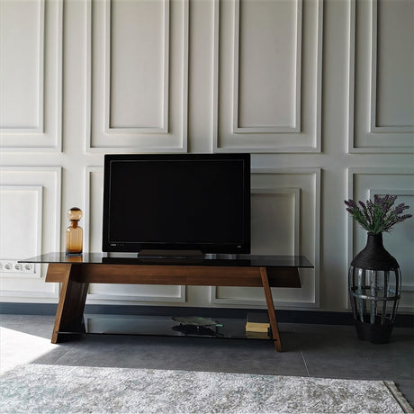 TV Meubels - TV Meubel Coral Walnoot Zwart Glas 158x45x40 cm - Dimehouse