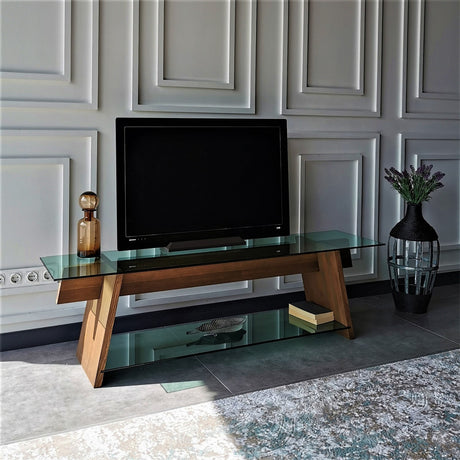 TV Meubels - TV Meubel Coral Walnoot Groen Glas 158x45x40 cm - Dimehouse