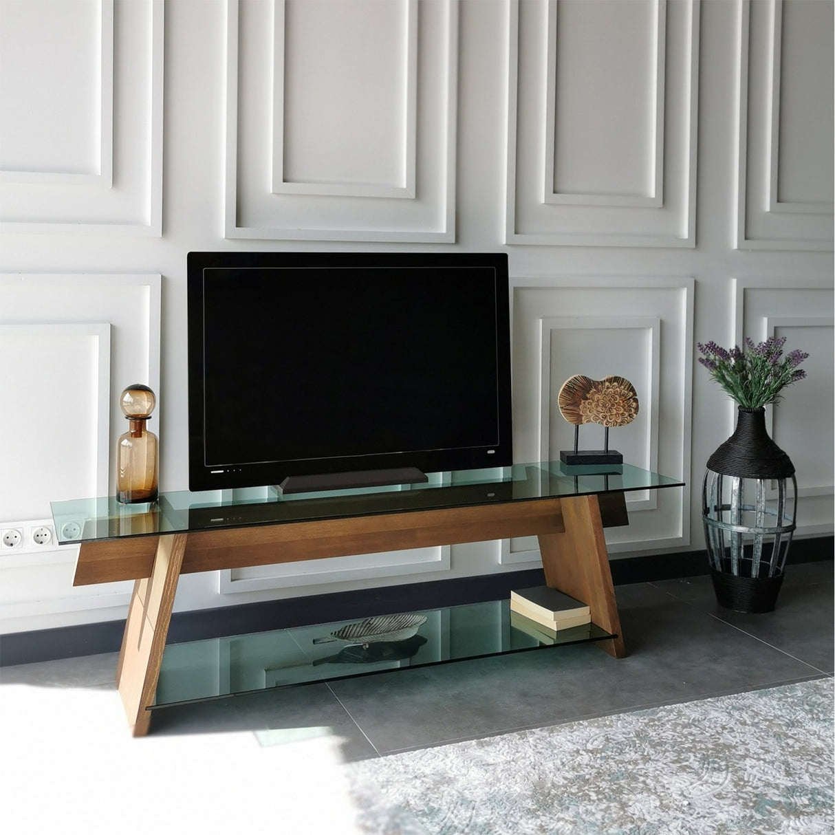 TV Meubels - TV Meubel Coral Walnoot Groen Glas 158x45x40 cm - Dimehouse