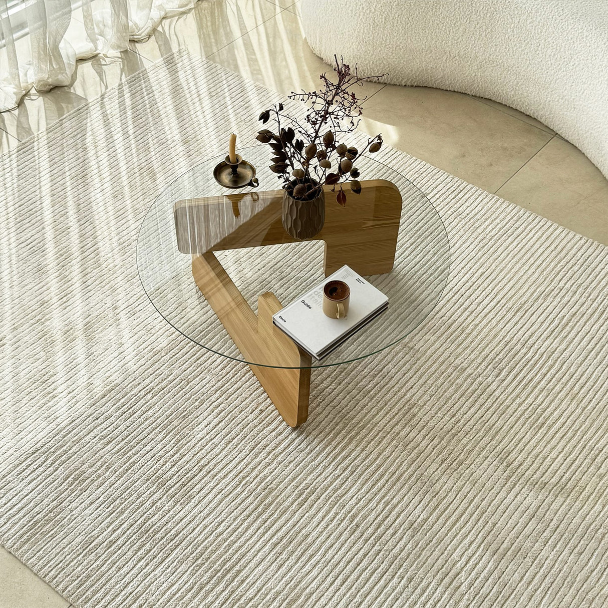 Rund Glas Mio Sofabord - 75 cm - Træunderstel 