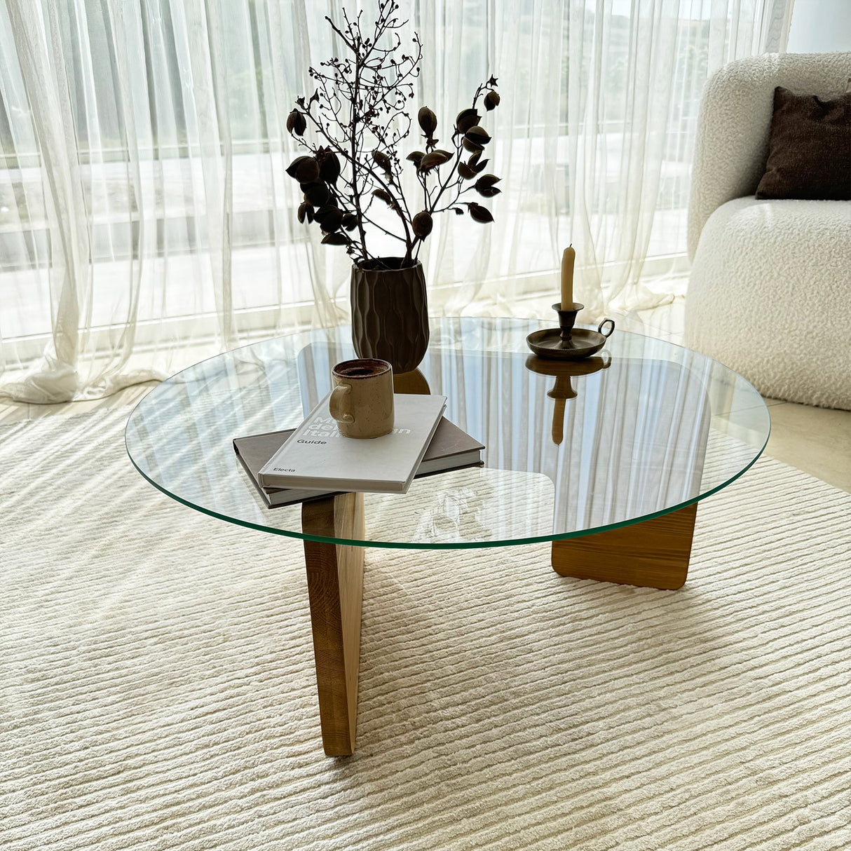 Rund Glas Mio Sofabord - 75 cm - Træunderstel 