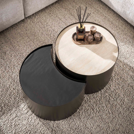 Set van 2 salontafels Moony – metalen frame & keramiek travertin look en glas