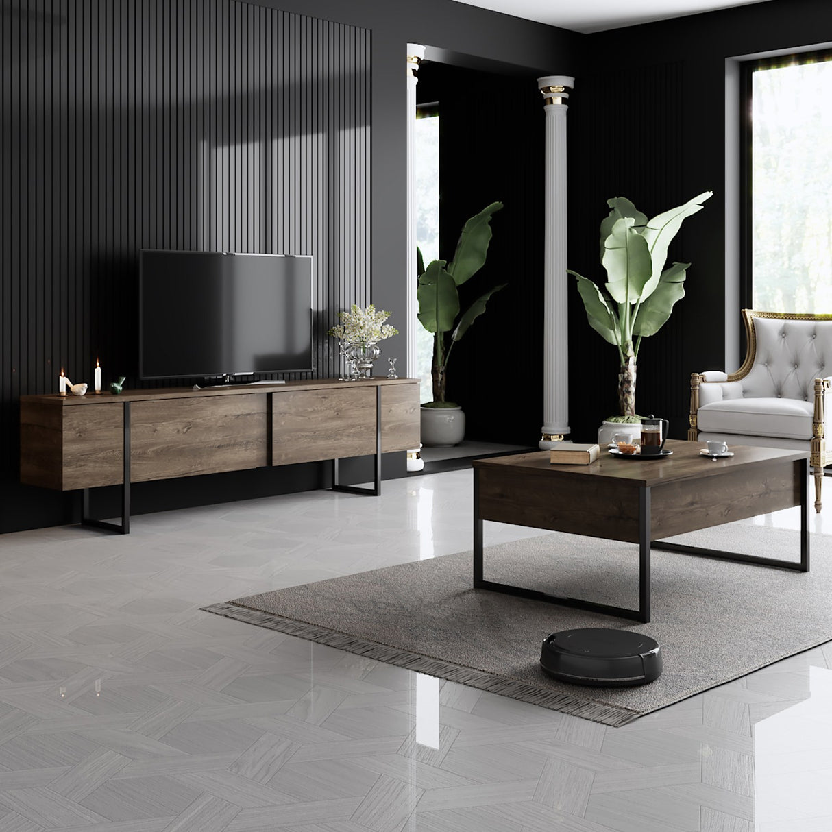 TV Møbel Luksus Valnød Sort Melamin 180x50x30 cm
