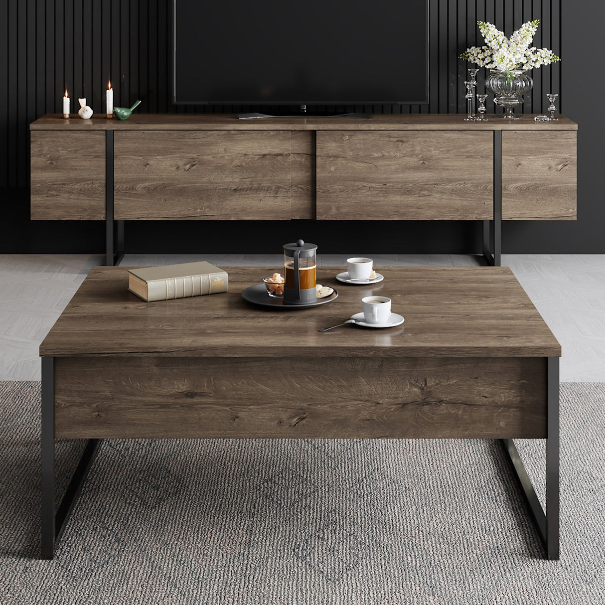TV Møbel Luksus Valnød Sort Melamin 180x50x30 cm