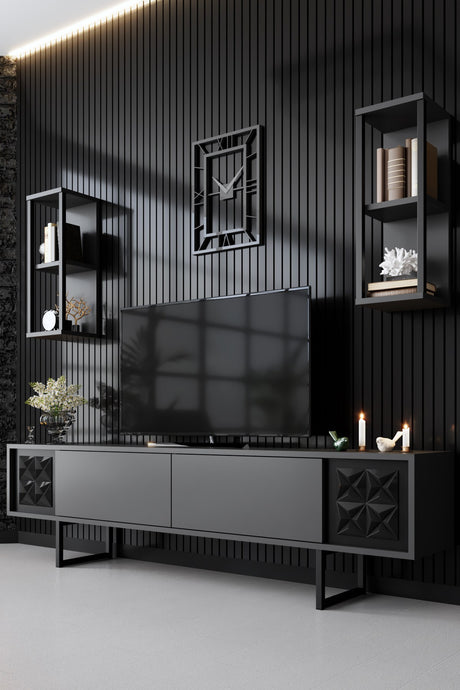 TV Meubels - TV Meubel Set Black Line Antraciet Zwart Melamine 180x48x30 cm - Dimehouse