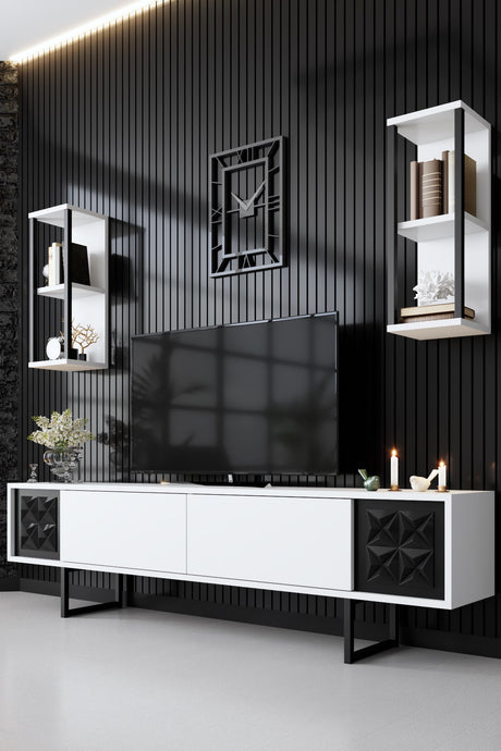 TV Meubels - TV Meubel Set Black Line Wit Zwart Melamine 180x48x30 cm - Dimehouse