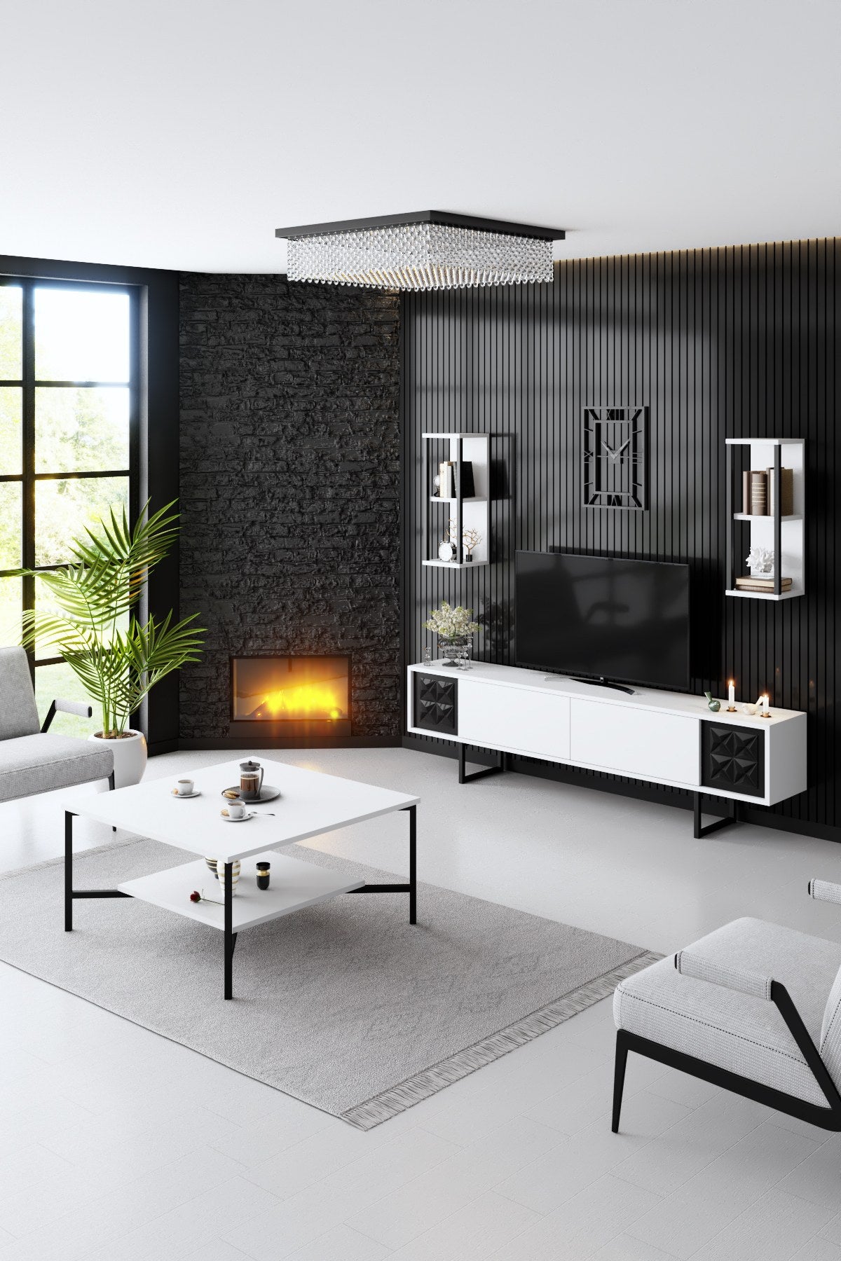 TV Meubels - TV Meubel Set Black Line Wit Zwart Melamine 180x48x30 cm - Dimehouse