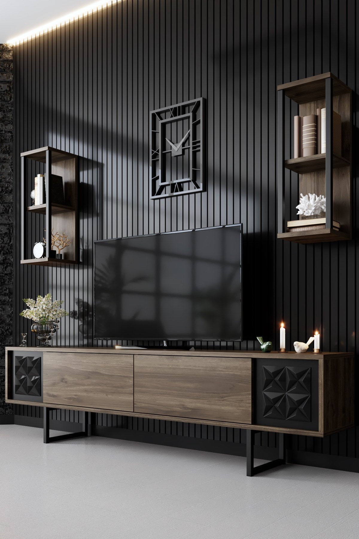 TV Meubels - TV Meubel Set Black Line Walnoot Zwart Melamine 180x48x30 cm - Dimehouse