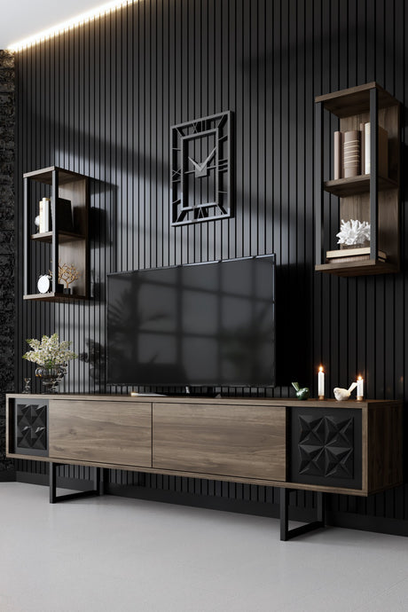 TV Meubels - TV Meubel Set Black Line Walnoot Zwart Melamine 180x48x30 cm - Dimehouse
