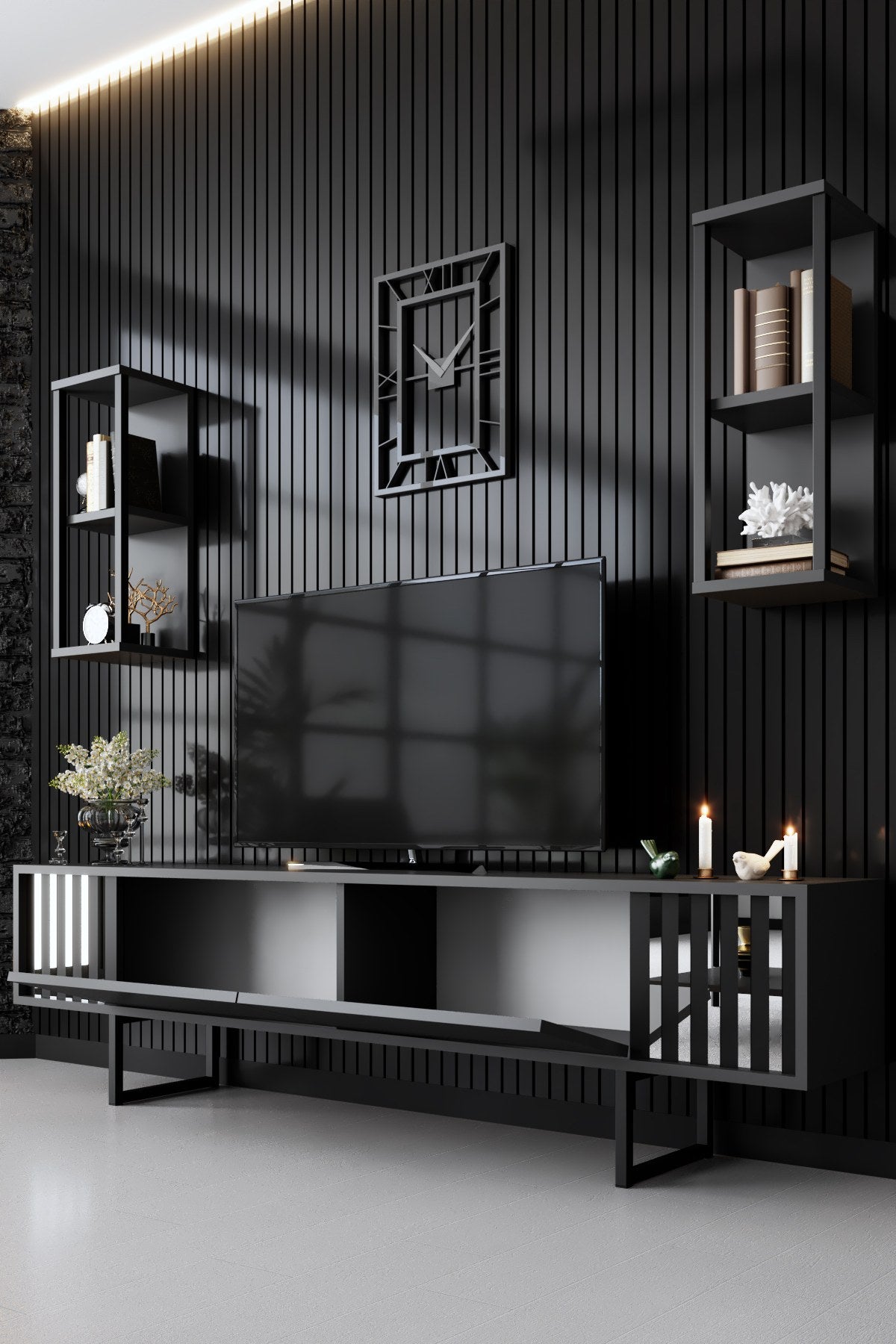 TV Møbelsæt Krom Line Antracit Sort Melamin 180x48x30 cm