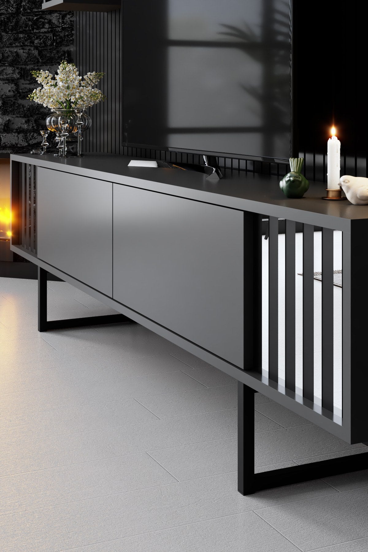 TV Møbelsæt Krom Line Antracit Sort Melamin 180x48x30 cm