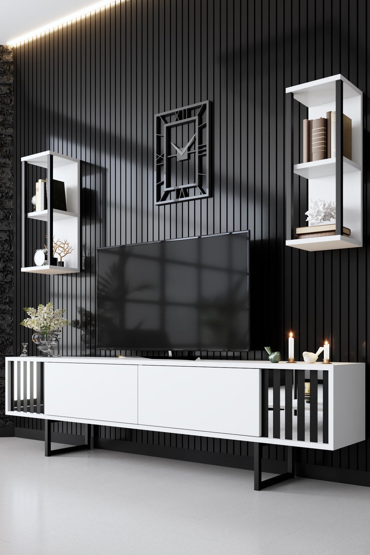 TV Møbelsæt Krom Line Hvid Sort Melamin 180x48x30 cm