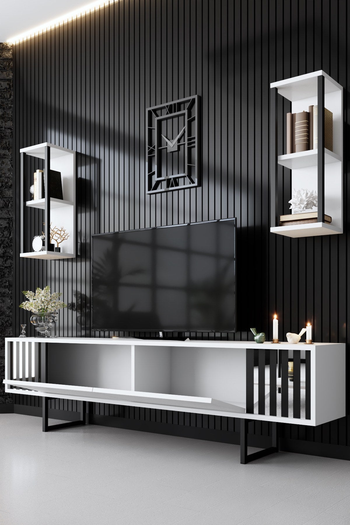 TV Møbelsæt Krom Line Hvid Sort Melamin 180x48x30 cm
