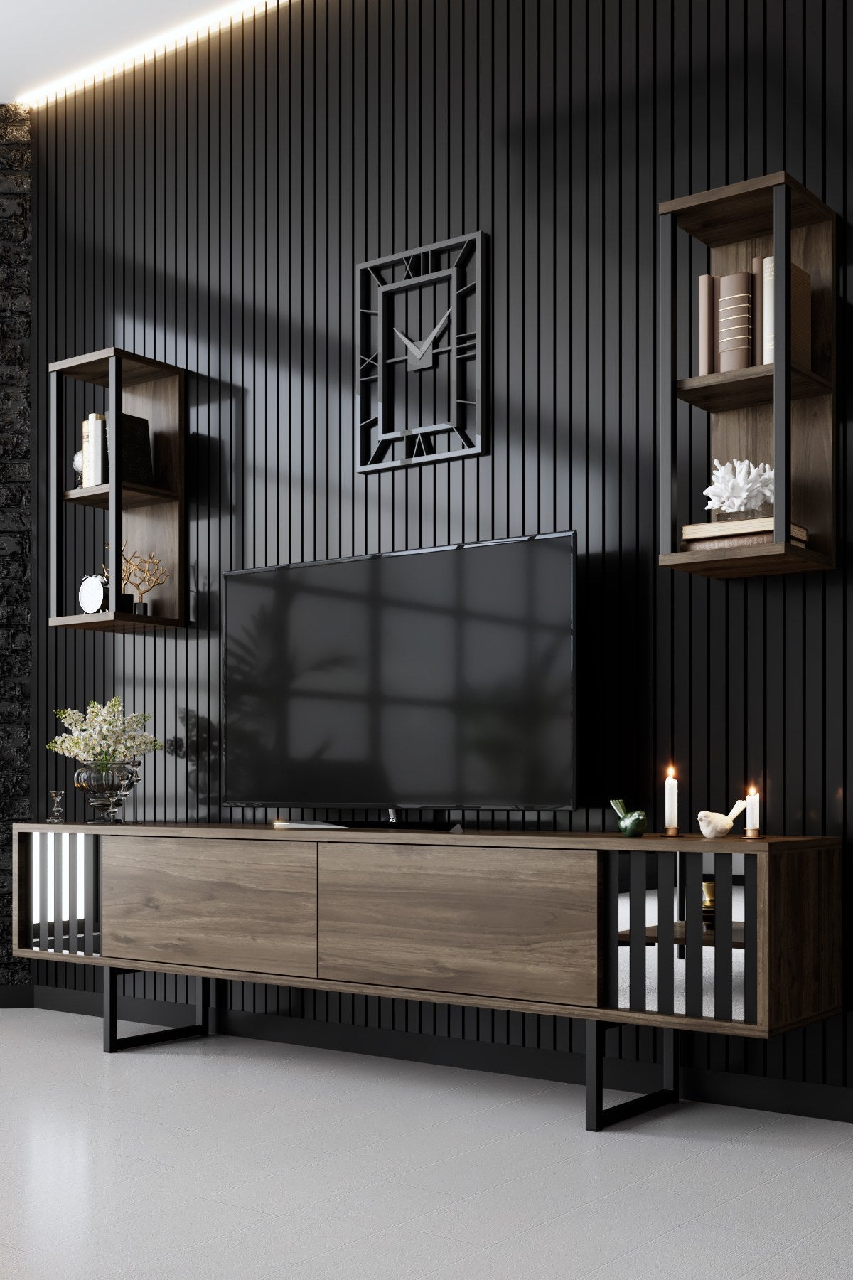 TV Møbelsæt Krom Line Valnød Sort Melamin 180x48x30 cm