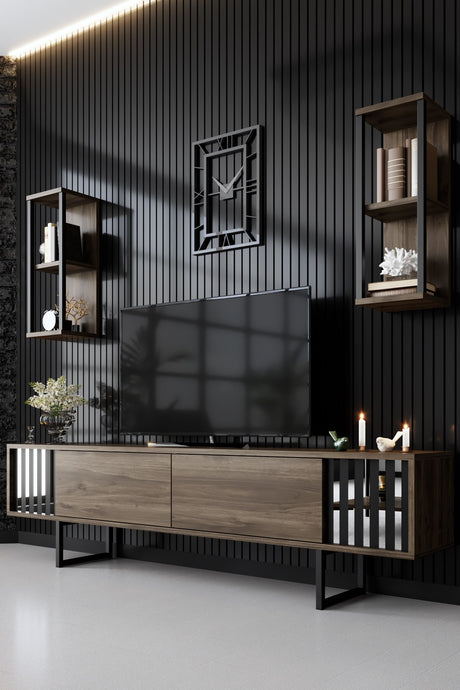 TV Meubels - TV Meubel Set Chrome Line Walnoot Zwart Melamine 180x48x30 cm - Dimehouse