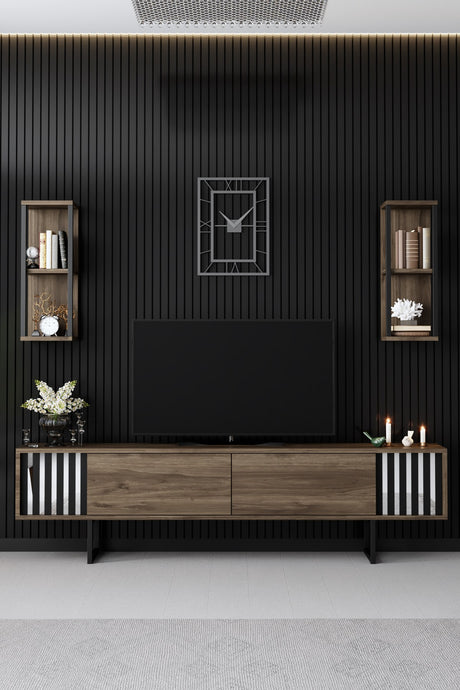 TV Meubels - TV Meubel Set Chrome Line Walnoot Zwart Melamine 180x48x30 cm - Dimehouse