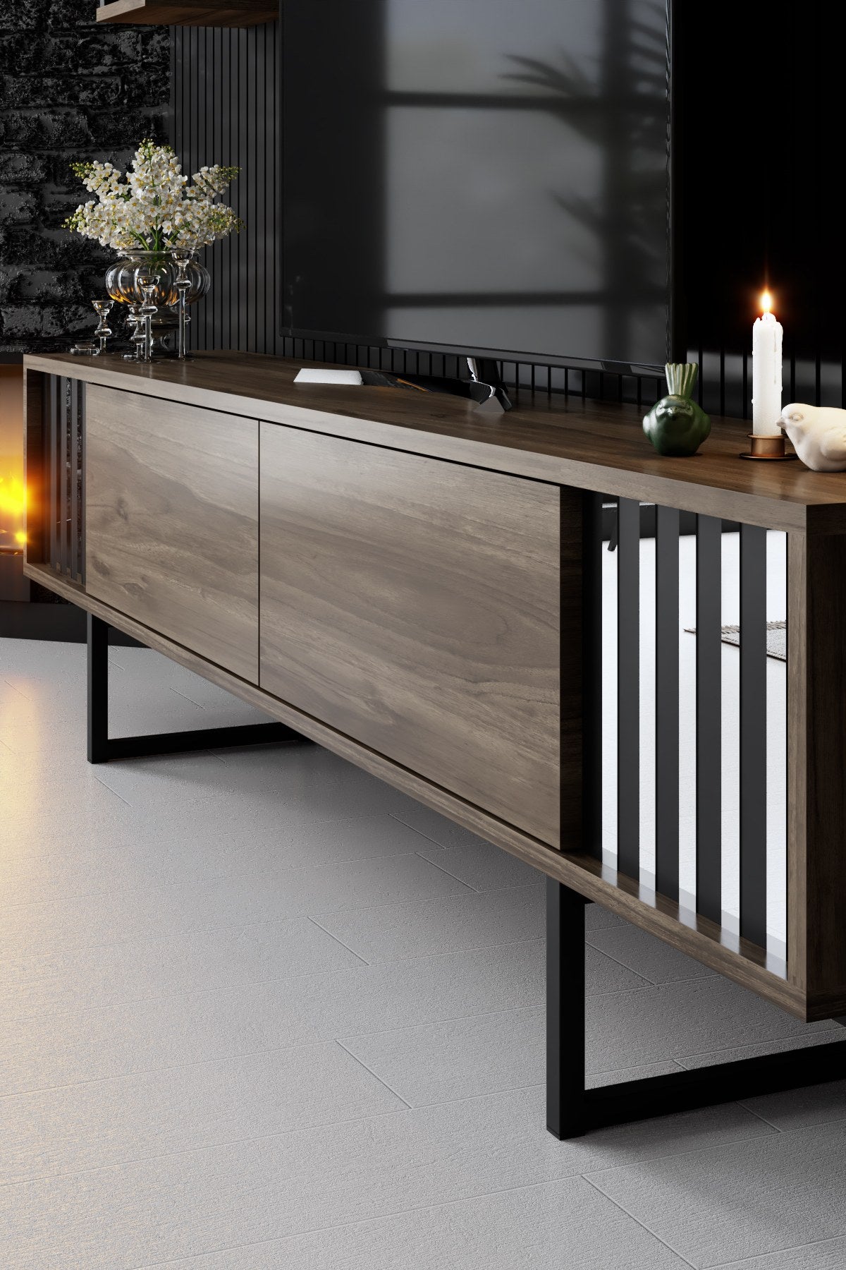 TV Møbelsæt Krom Line Valnød Sort Melamin 180x48x30 cm