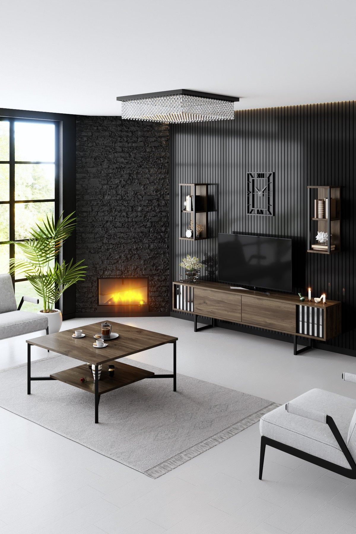 TV Møbelsæt Krom Line Valnød Sort Melamin 180x48x30 cm