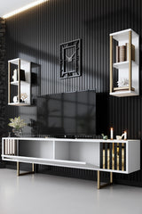TV Meubels - TV Meubel Set Gold Line Wit Zwart Melamine 180x48x30 cm - Dimehouse