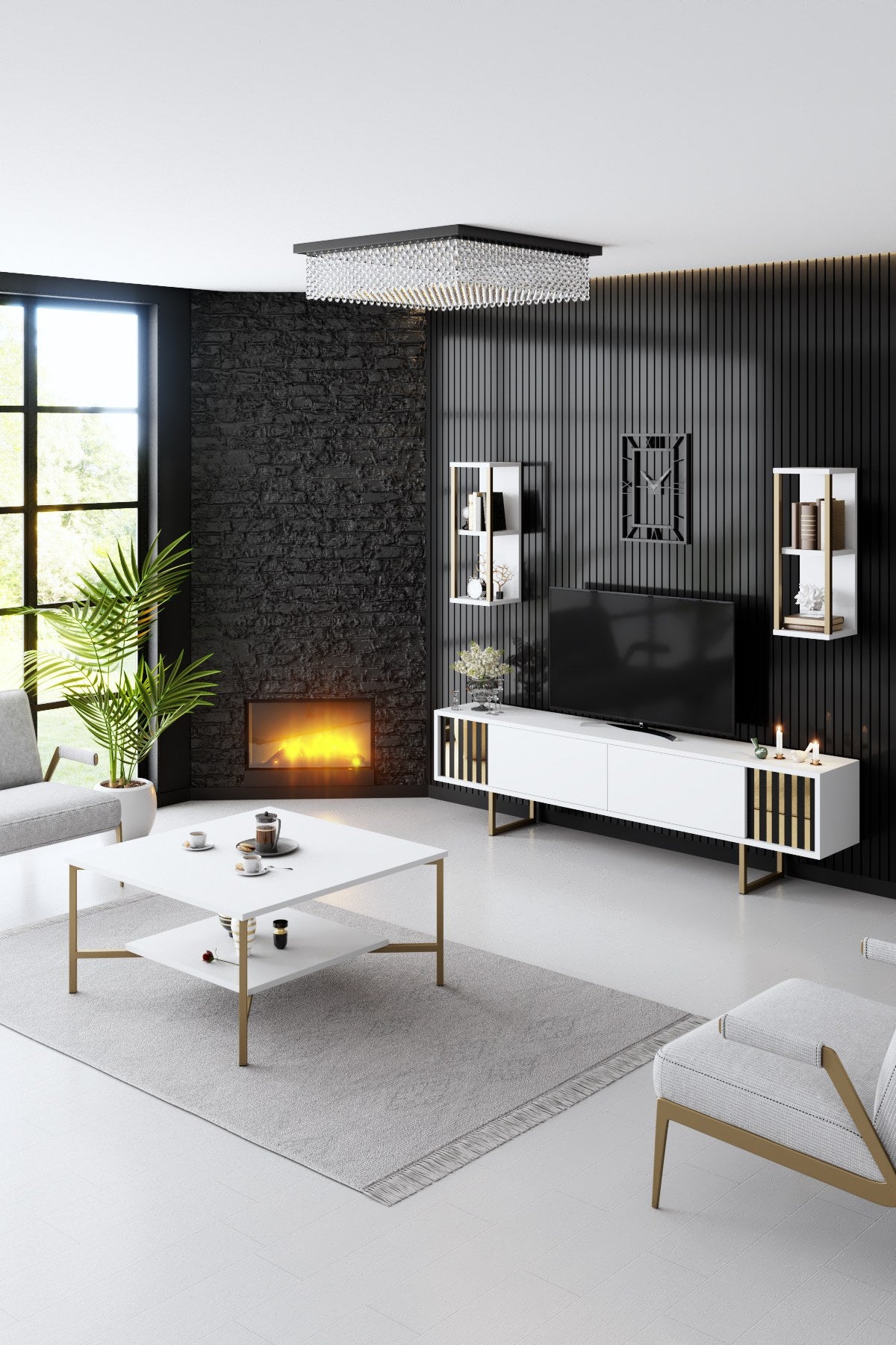 TV Meubels - TV Meubel Set Gold Line Wit Zwart Melamine 180x48x30 cm - Dimehouse