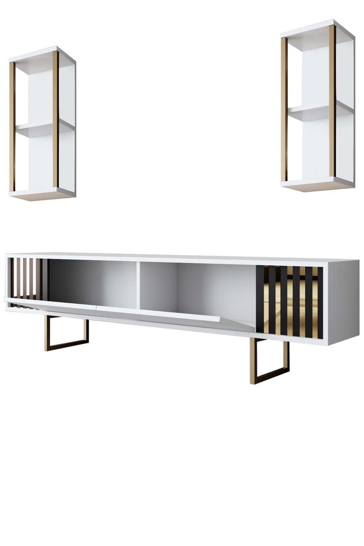 TV Meubels - TV Meubel Set Gold Line Wit Zwart Melamine 180x48x30 cm - Dimehouse