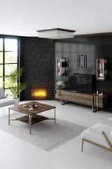 TV Meubels - TV Meubel Set Gold Line Walnoot Zwart Melamine 180x48x30 cm - Dimehouse