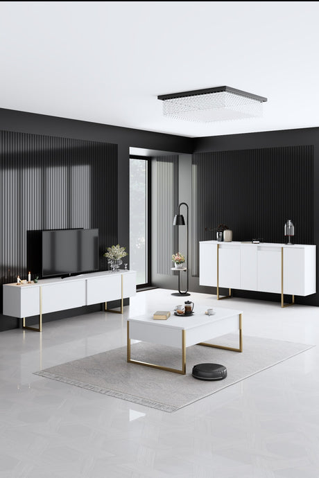 Dressoirs - Modern Dressoir Wit Luxe 160x80x35 - Gouden Frame - Dimehouse
