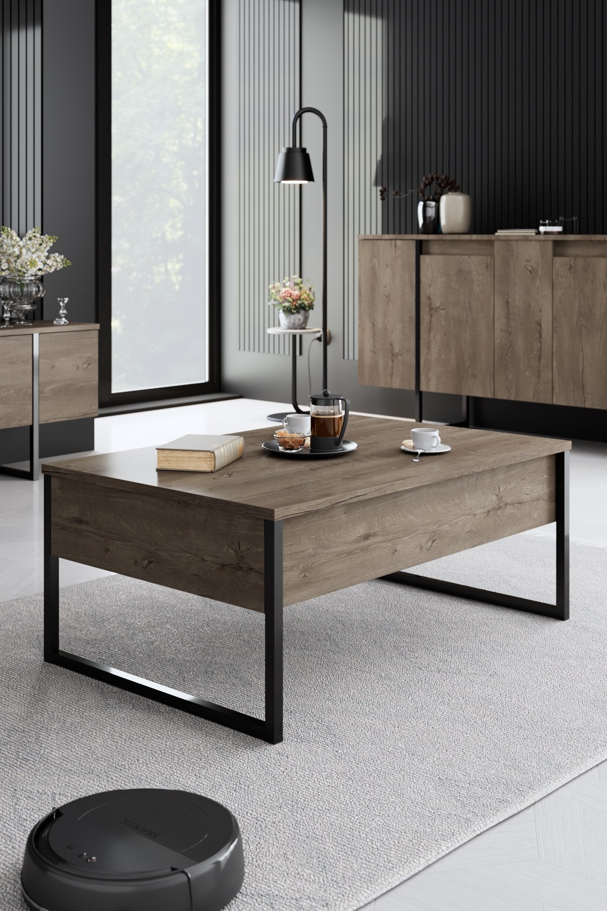 Meubelsets - Meubelset Walnoot Luxe - Salontafel + TV Meubel + Dressoir - Zwart Frame - Dimehouse