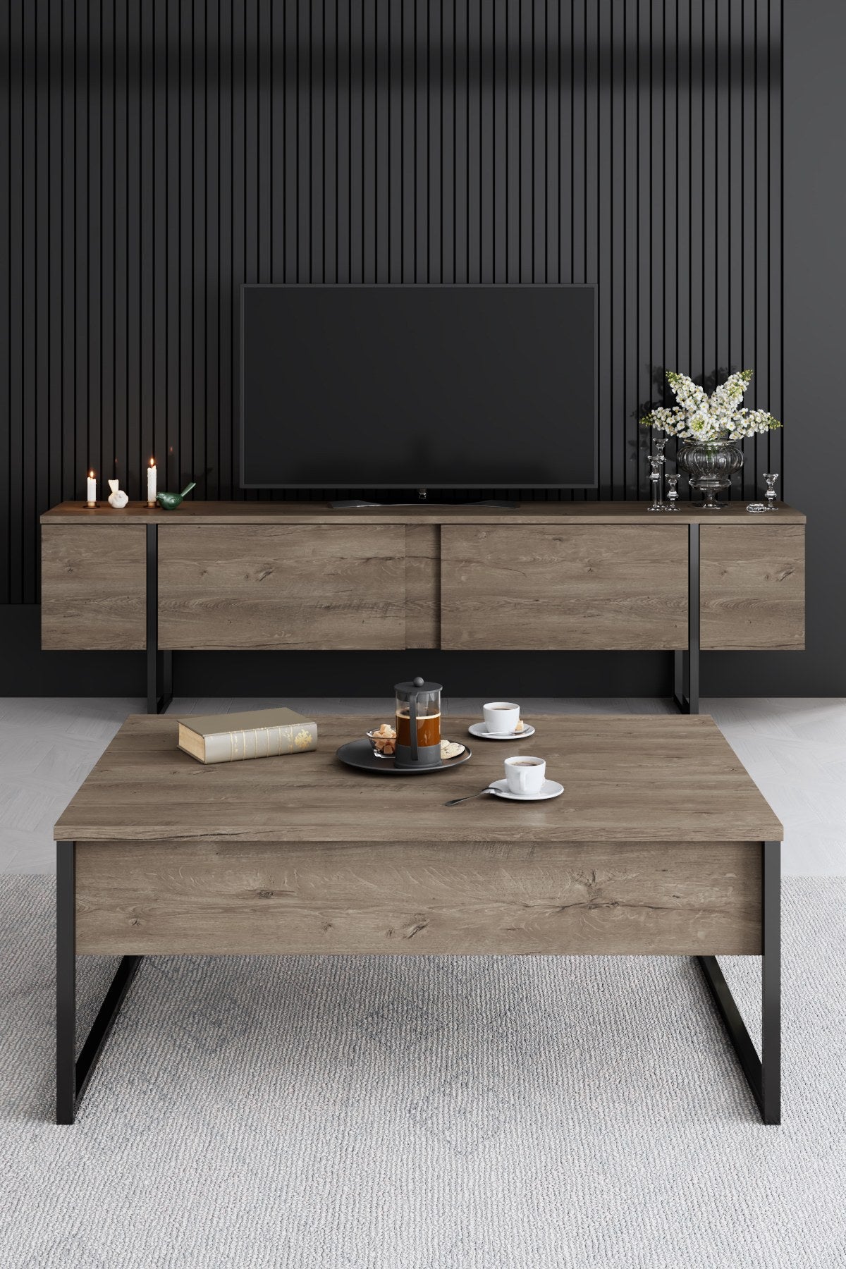 Meubelsets - Meubelset Walnoot Luxe - Salontafel + TV Meubel + Dressoir - Zwart Frame - Dimehouse
