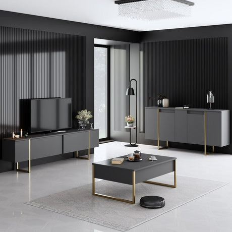 Meubelsets - Meubelset Antraciet Luxe - Salontafel + TV Meubel + Dressoir - Gouden Frame - Dimehouse