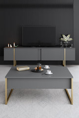 Meubelsets - Meubelset Antraciet Luxe - Salontafel + TV Meubel + Dressoir - Gouden Frame - Dimehouse