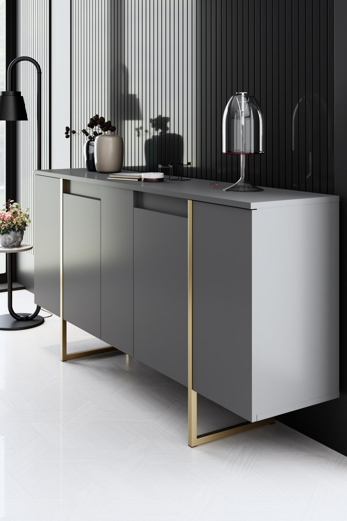 Meubelsets - Meubelset Antraciet Luxe - Salontafel + TV Meubel + Dressoir - Gouden Frame - Dimehouse