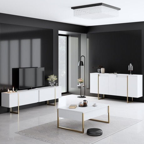 Meubelsets - Meubelset Wit Luxe - Salontafel + TV Meubel + Dressoir - Gouden Frame - Dimehouse
