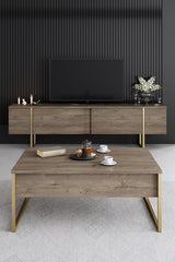 Meubelsets - Meubelset Walnoot Luxe - Salontafel + TV Meubel + Dressoir - Gouden Frame - Dimehouse